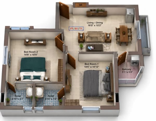 2 BHK Apartment floor plan — 833 sqft