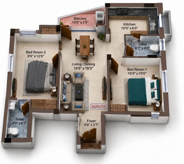 2 BHK Apartment floor plan — 865 sqft