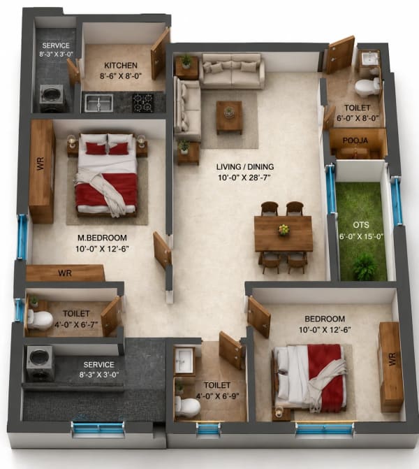 2 BHK Apartment floor plan — 987 sqft