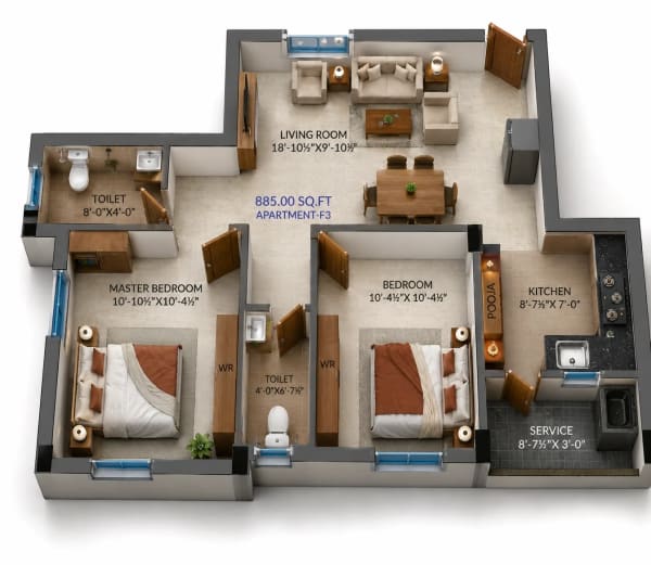 2 BHK Apartment floor plan — 885 sqft