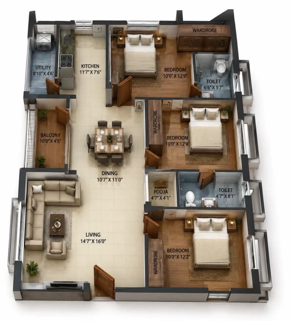 3 BHK Apartment floor plan — 1,192 sqft