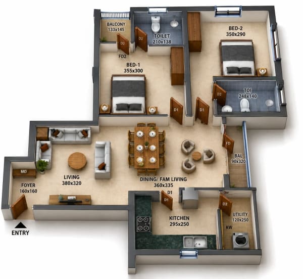 2 BHK Apartment floor plan — 1,253 sqft