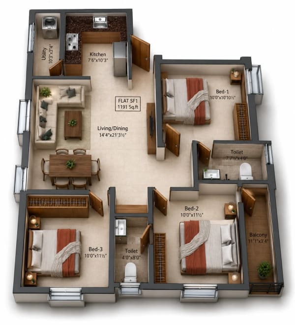 3 BHK Apartment floor plan — Charan Symphony