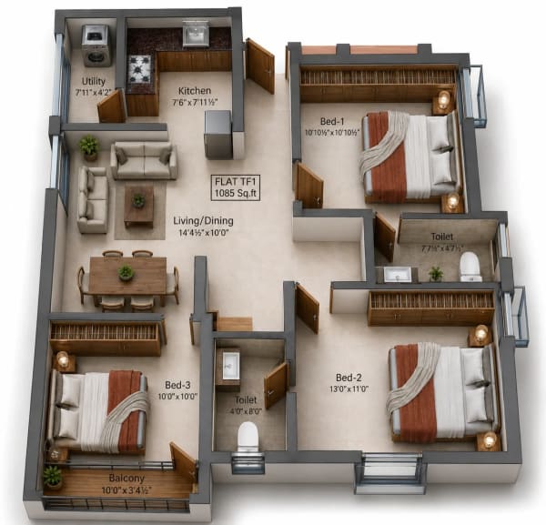 3 BHK Apartment floor plan — Charan Symphony