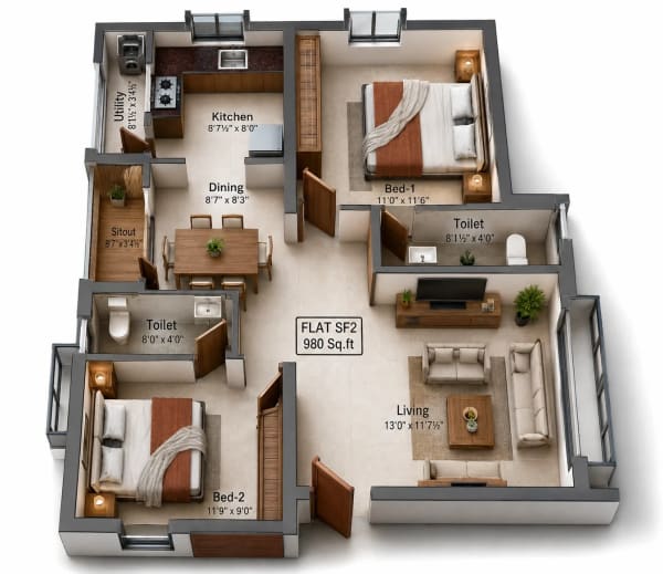2 BHK Apartment floor plan — 980 sqft