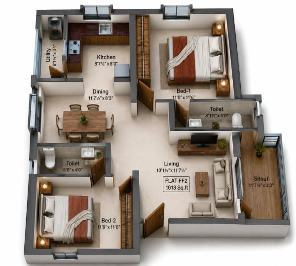 2 BHK Apartment floor plan — 1,013 sqft