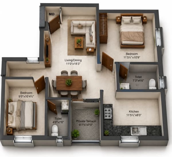 2 BHK Apartment floor plan — 897 sqft