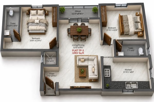 2 BHK Apartment floor plan — 1,065 sqft