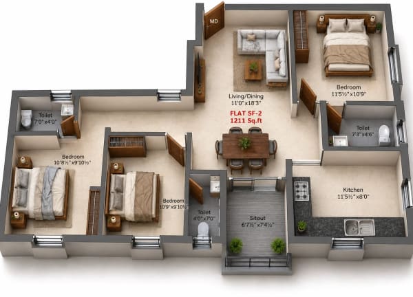 3 BHK Apartment floor plan — Charan Paradise