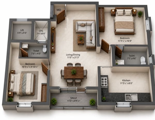 2 BHK Apartment floor plan — 993 sqft