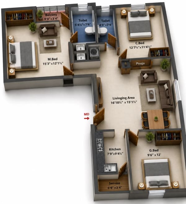 3 BHK Apartment floor plan — 1,358 sqft