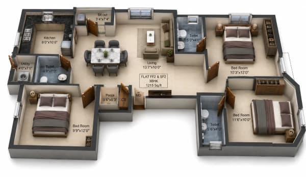 3 BHK Apartment floor plan — Charan Enclave