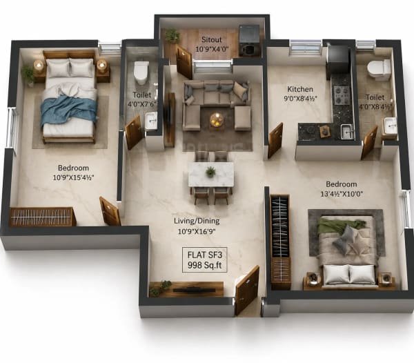 2 BHK Apartment floor plan — 998 sqft