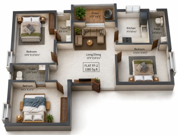 3 BHK Apartment floor plan — Charan Divine