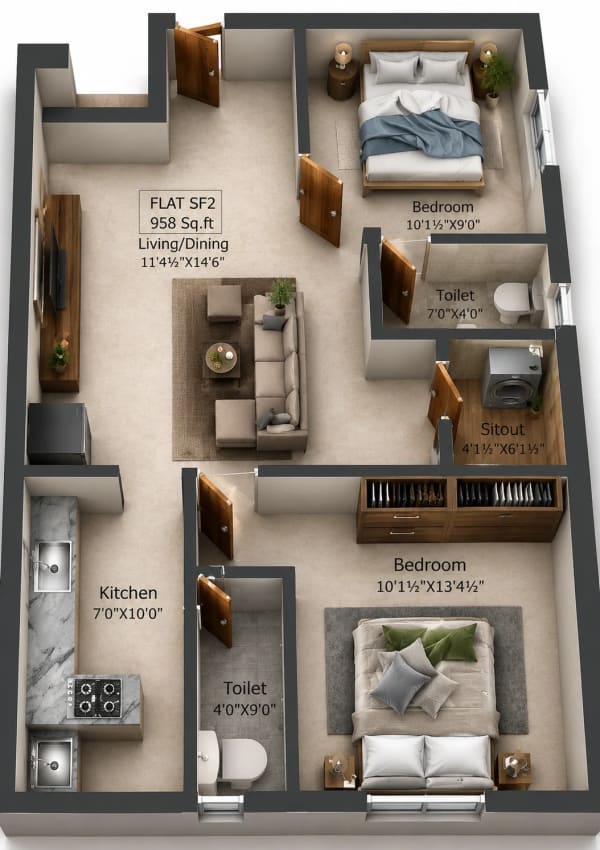 2 BHK Apartment floor plan — 958 sqft