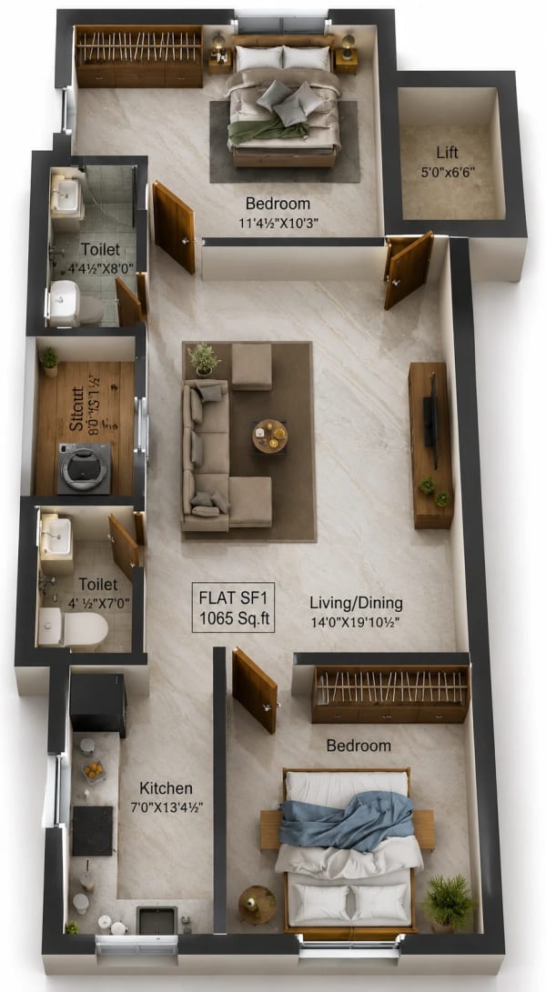 2 BHK Apartment floor plan — 1,065 sqft