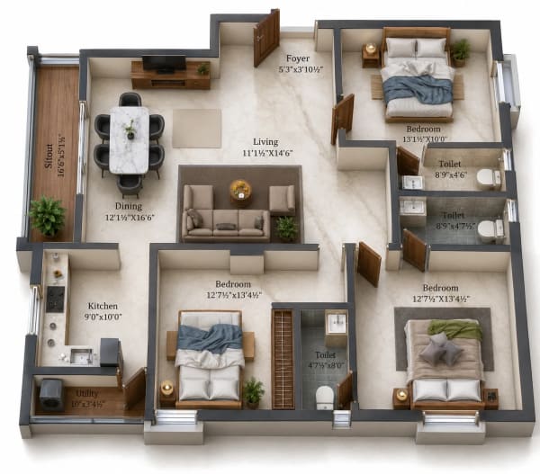 3 BHK Apartment floor plan — Charan Divine