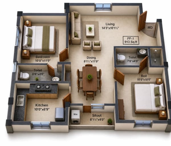 2 BHK Apartment floor plan — 913 sqft