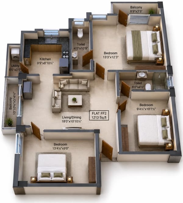 3 BHK Apartment floor plan — Charan Viruksham