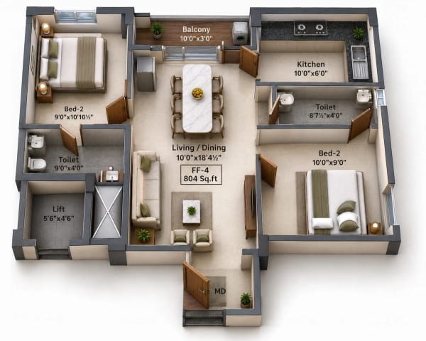 2 BHK Apartment floor plan — 804 sqft