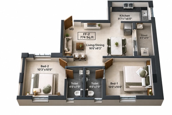 2 BHK Apartment floor plan — 774 sqft