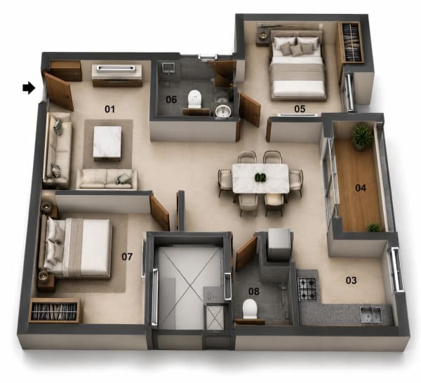 2 BHK Apartment floor plan — 819 sqft