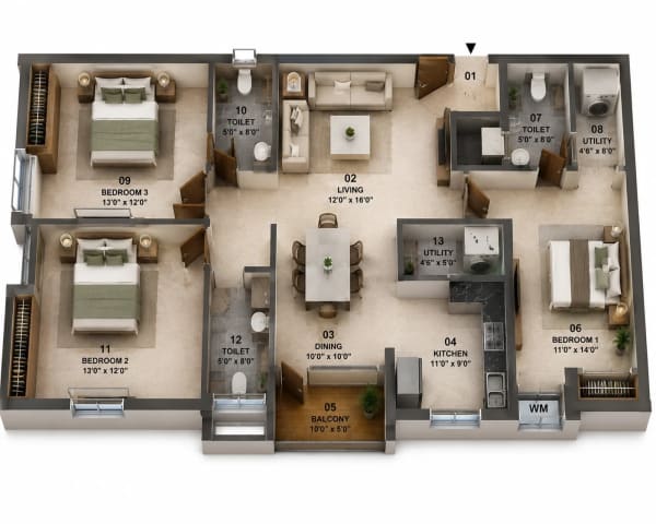 3 BHK Apartment floor plan — Jains Aadhidev