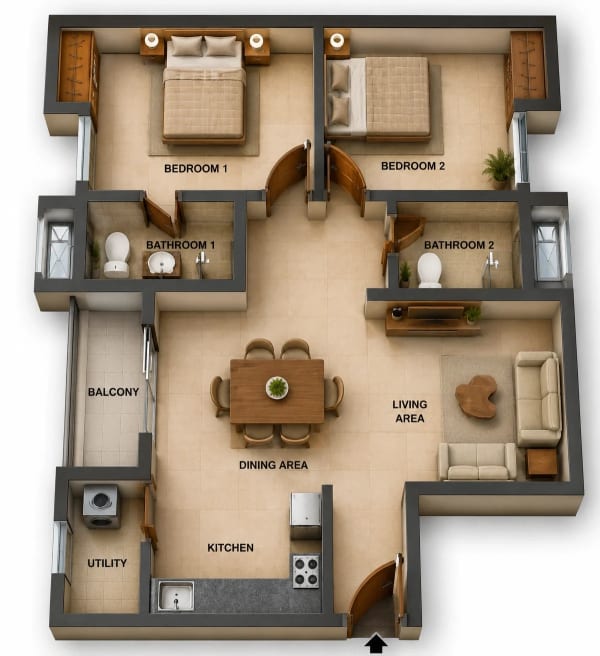 2 BHK Apartment floor plan — 1,048 sqft