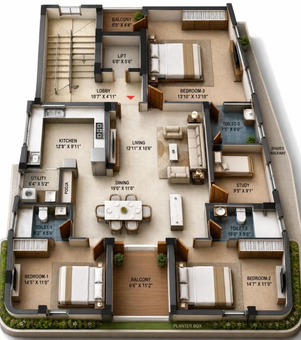 3 BHK Apartment floor plan — 2,010 sqft