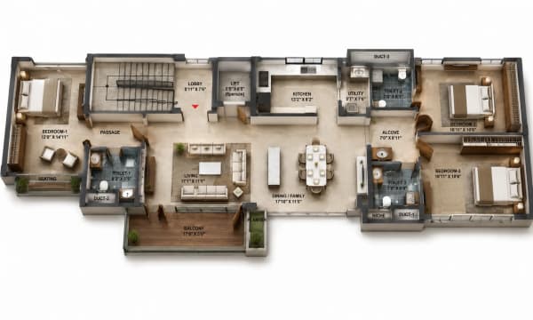 3 BHK Apartment floor plan — 2,066 sqft