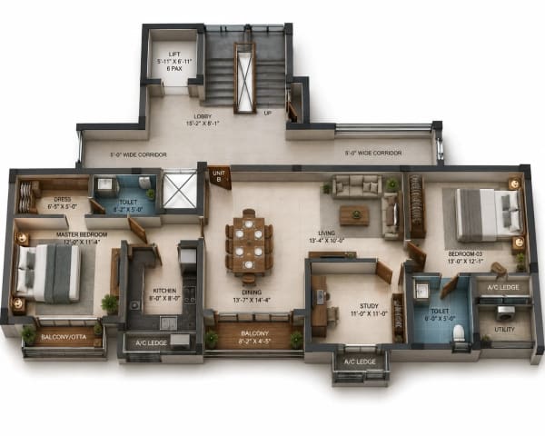 3 BHK Apartment floor plan — 1,382 sqft