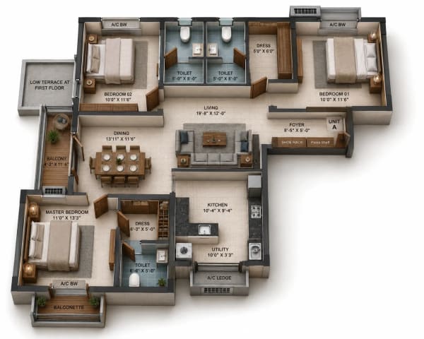 3 BHK Apartment floor plan — 1,666 sqft