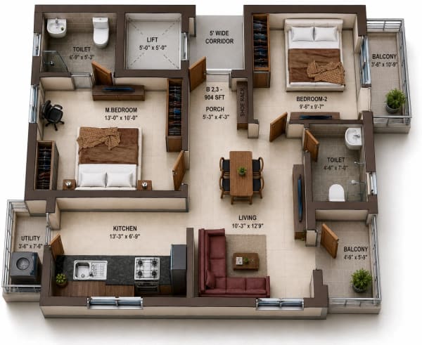 2 BHK Apartment floor plan — Shelter Florence