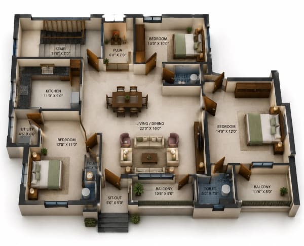 3 BHK Apartment floor plan — SVF Bella Vista