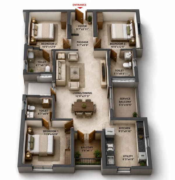 3 BHK Apartment floor plan — S and S Centris