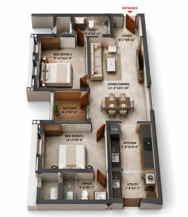 2 BHK Apartment floor plan — 1,165 sqft
