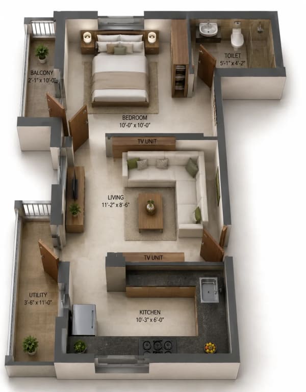 1 BHK Apartment floor plan — 505 sqft