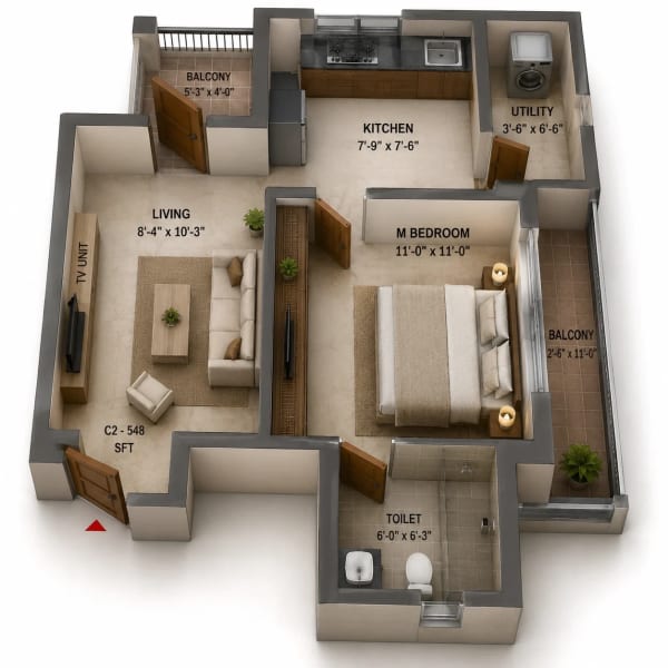1 BHK Apartment floor plan — 546 sqft