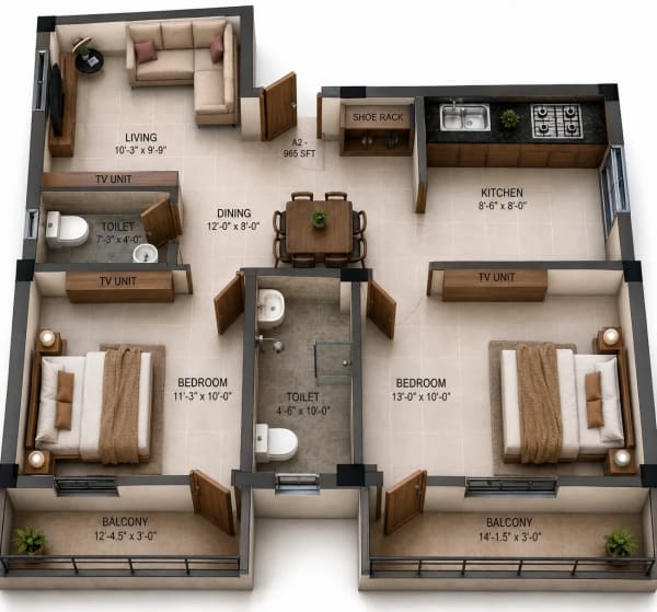 2 BHK Apartment floor plan — Shelter Ventura One