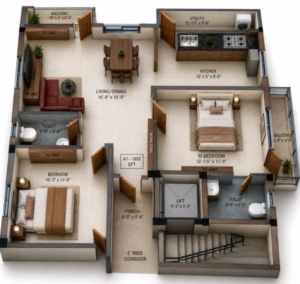 2 BHK Apartment floor plan — Shelter Ventura One