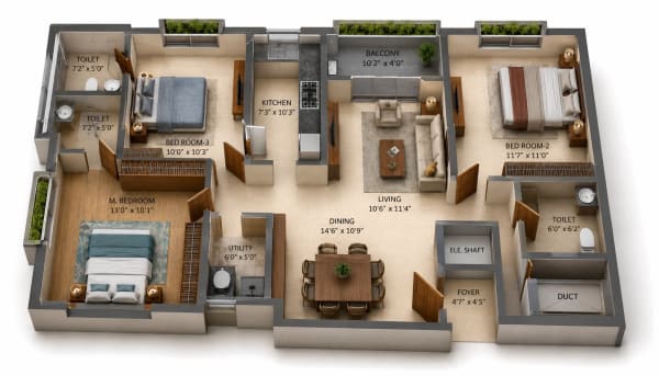 3 BHK Apartment floor plan — Advik Arcadia