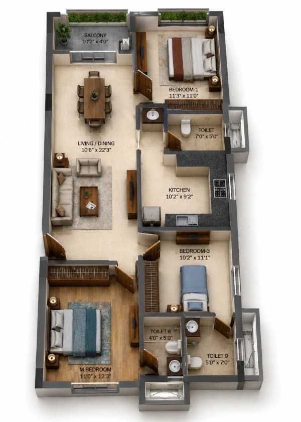 3 BHK Apartment floor plan — Advik Arcadia