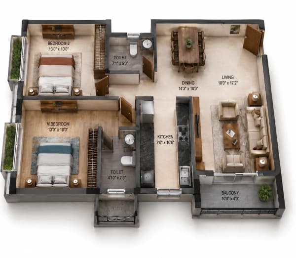 2 BHK Apartment floor plan — 1,030 sqft