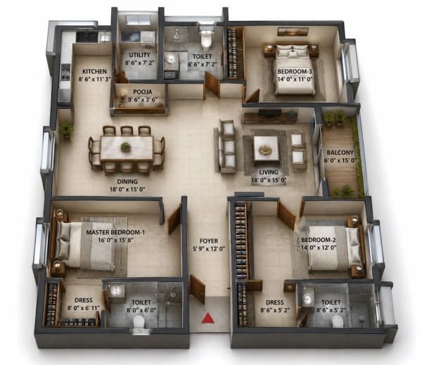3 BHK Apartment floor plan — 2,220 sqft