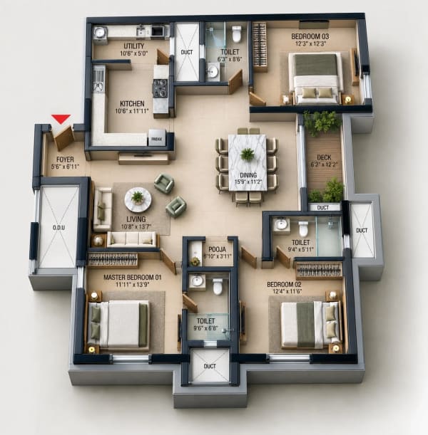 3 BHK Apartment floor plan — 2,058 sqft