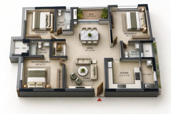 3 BHK Apartment floor plan — 2,016 sqft