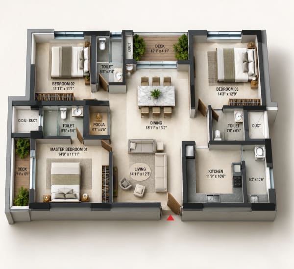 3 BHK Apartment floor plan — 2,085 sqft