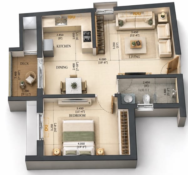 1 BHK Apartment floor plan — 693 sqft