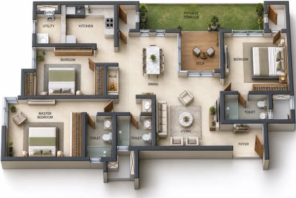 3 BHK Apartment floor plan — Baashayaam Crown Residences