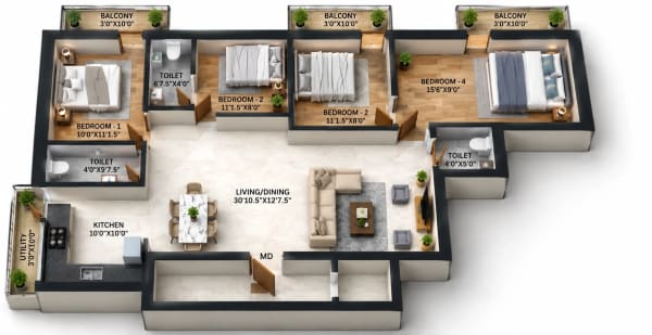 4 BHK Apartment floor plan — SNR Aashiaana